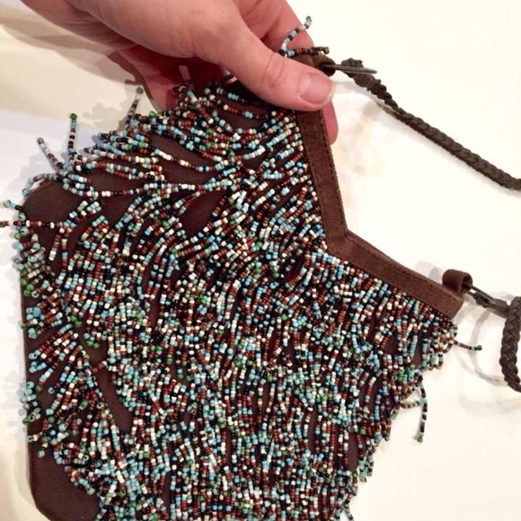 Brown Suede Purse with Seed Bead Fringe - Picture 4 of 5